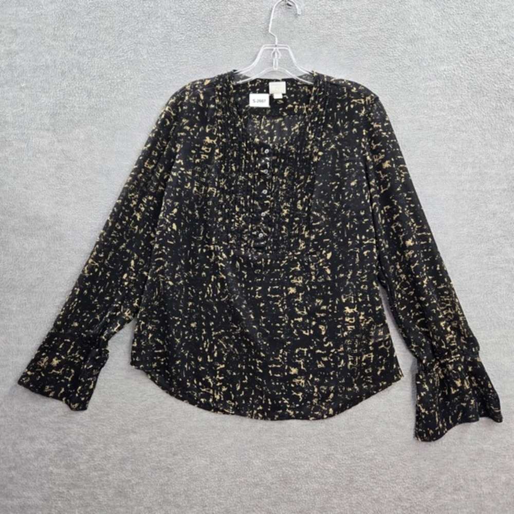 Converse Women Top Medium Black Blouse Pleated‎ Bell Sleeve Semi Sheer Polyester